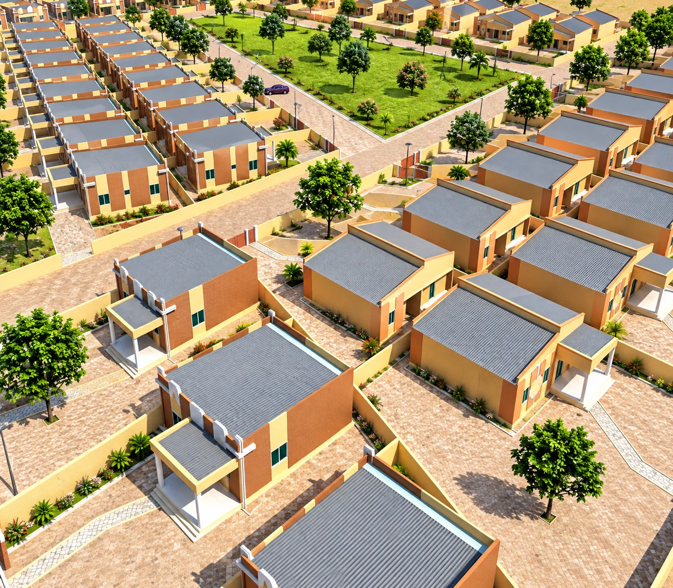 Cité Alpha Djadi, vue aérienne oblique : rangées de maisons à toit gris, cours murées et arbres