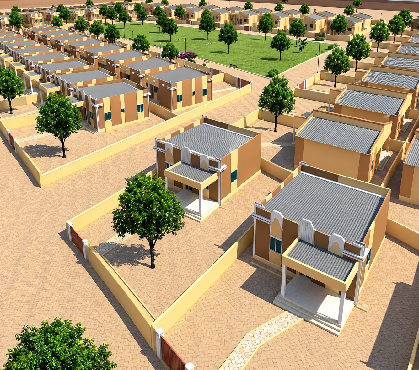 Cité Alpha Djadi, vue aérienne rapprochée de deux maisons avec porche, au premier plan