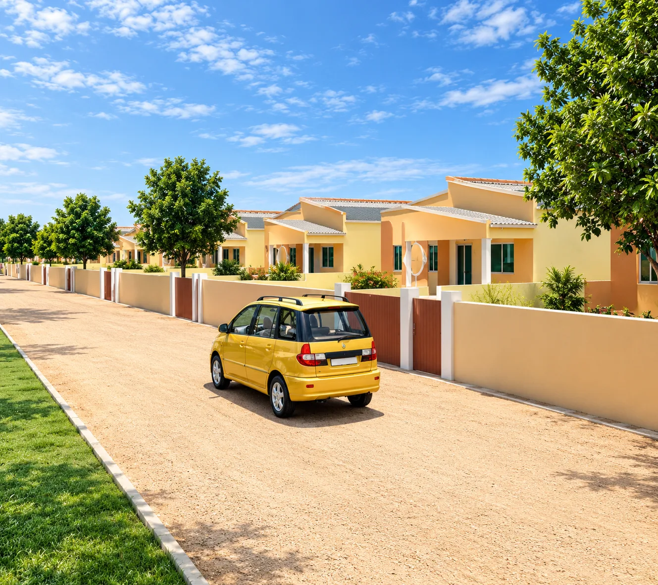 Cité Alpha Djadi, rue en terre bordée de murs de clôture, avec une voiture jaune