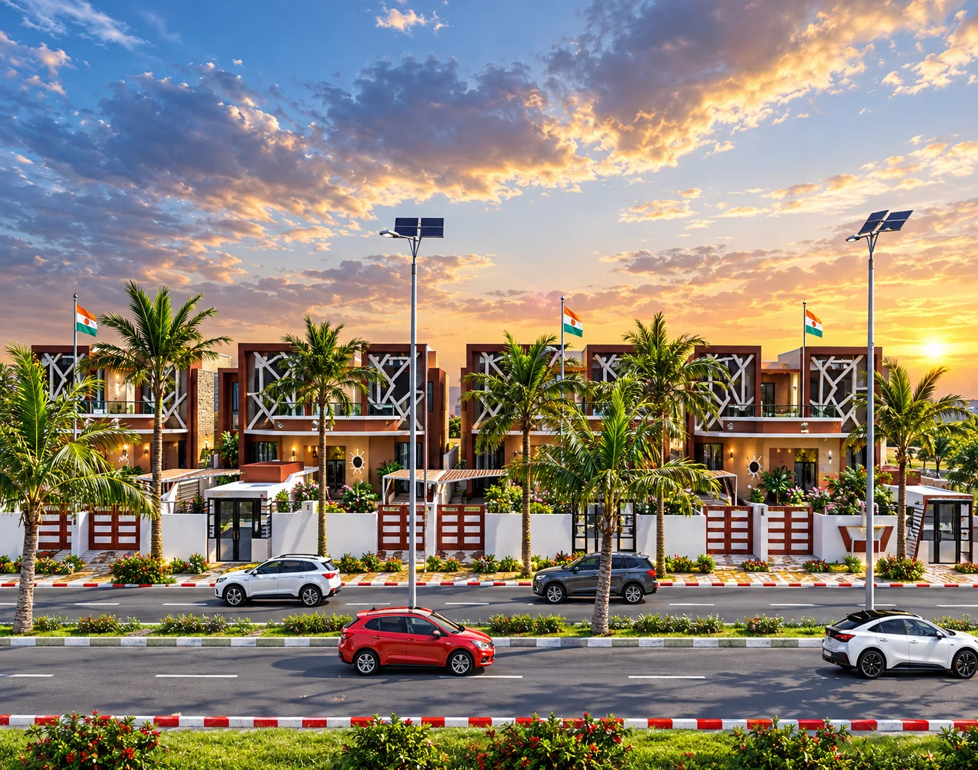 Villa présidentielle — alignement des villas vu de face depuis l'avenue, au coucher du soleil